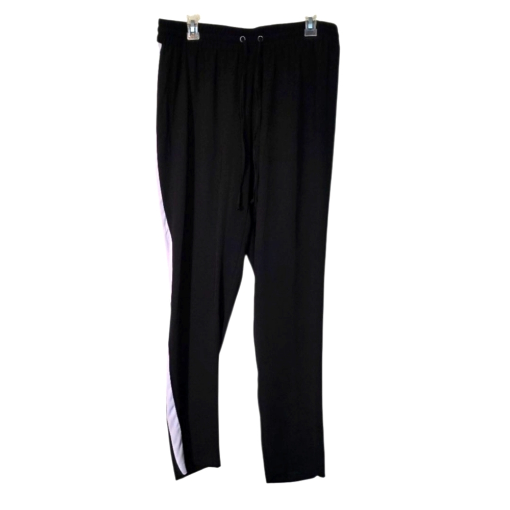 New Directions Black And White Joggers L EUC Stretchy Drawstring Side Stripe